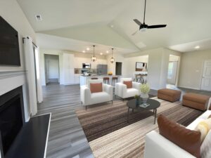 Photo of the living room and kitchen in the Randolph lot 76 section 6 at Castleton in Henrico VA by Boyd Homes